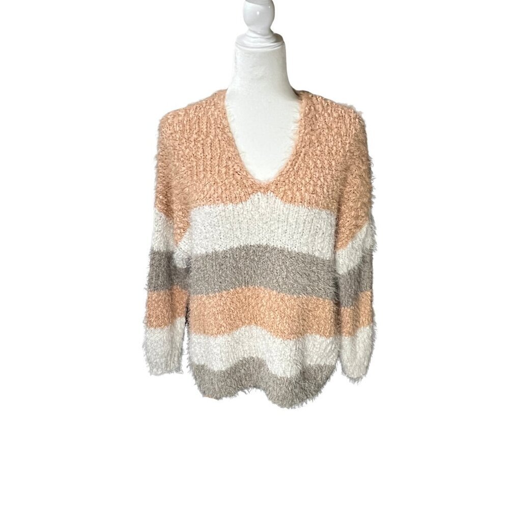 Altar'd State Women Sweater Cream Gray Striped Color Block Pullover Eyelash XS/S